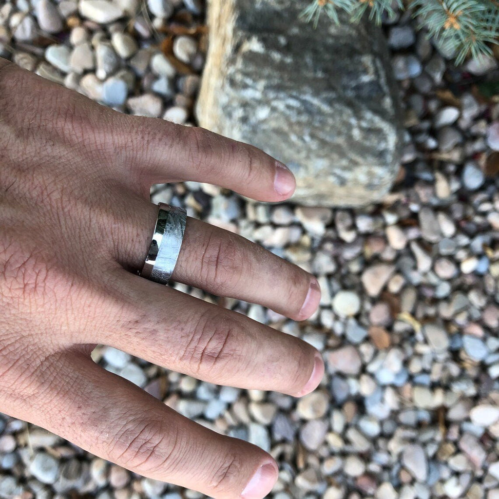 8mm Gibeon Meteorite Wedding Band with Cobalt Chrome Sleeve ,Authentic Genuine Gibeon Meteorite Rings