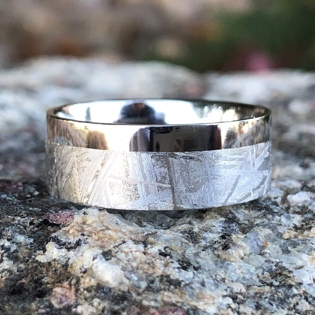 8mm Gibeon Meteorite Wedding Band with Cobalt Chrome Sleeve ,Authentic Genuine Gibeon Meteorite Rings
