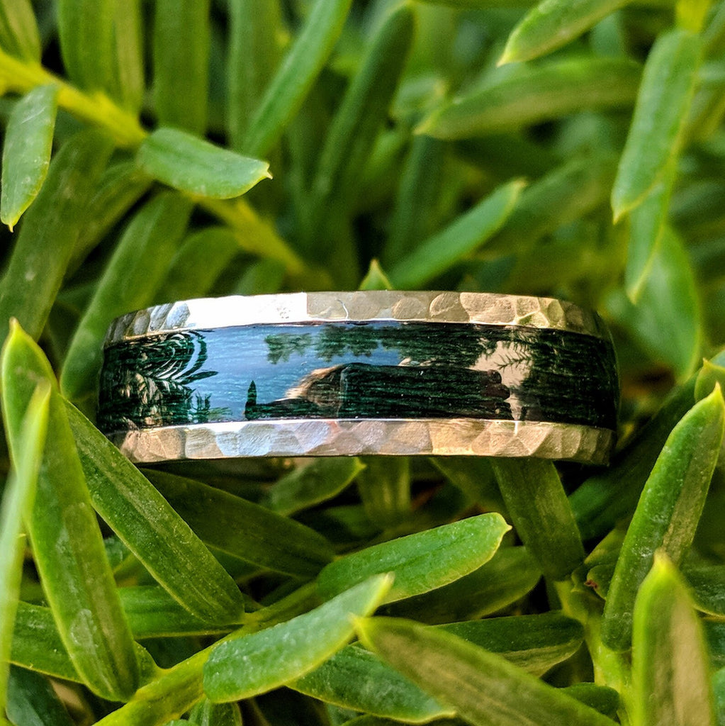 Forest Green Titanium Fishing Line Ring Custom Made Bands Fly Fishing USA Made To Order Fast Delivery