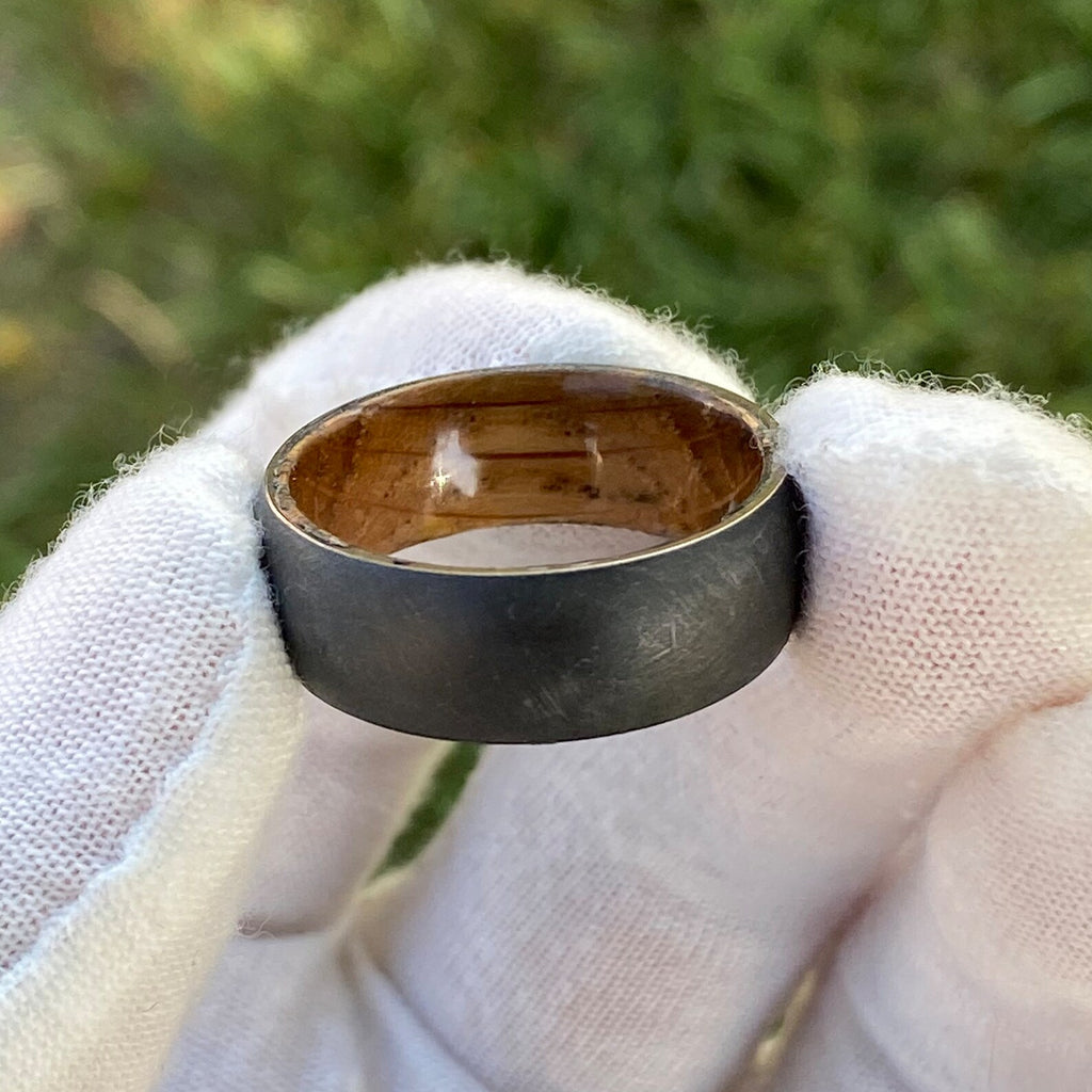 Distressed Black Zirconium and Whiskey Barrel Rings Men's Ring - USA Made Custom Jewelry And Whiskey Rings