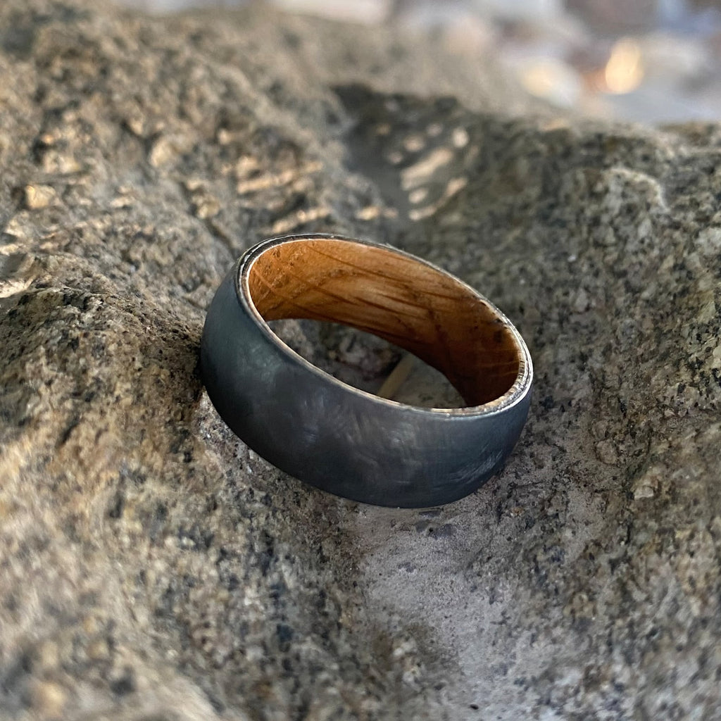 Distressed Black Zirconium and Whiskey Barrel Rings Men's Ring - USA Made Custom Jewelry And Whiskey Rings