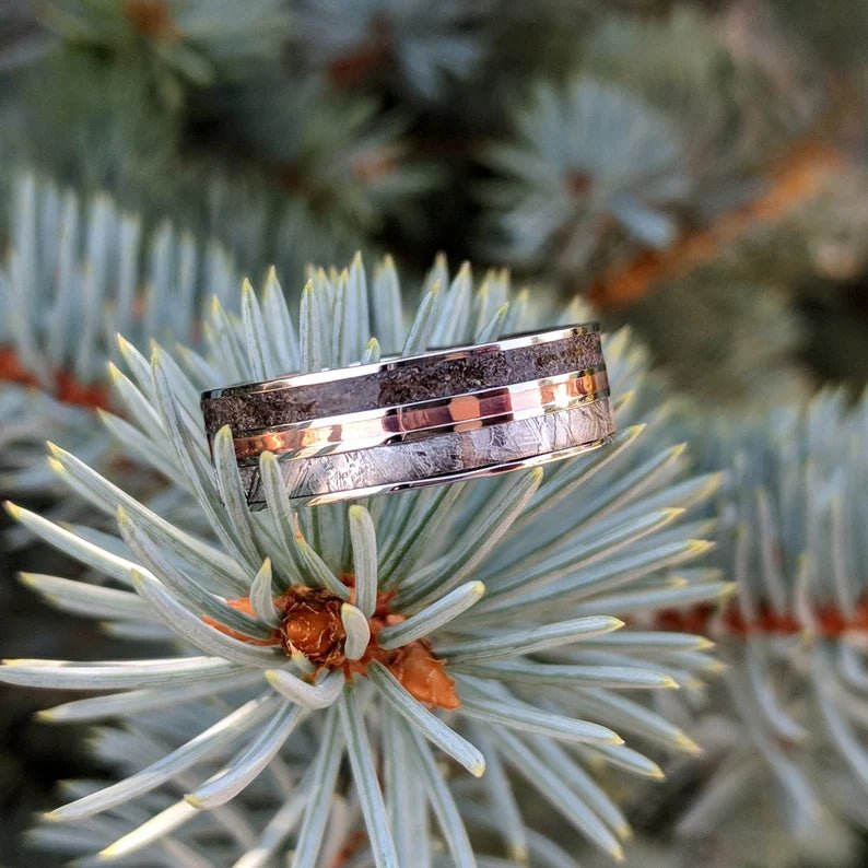 Men's Custom Cobalt Meteorite Wedding Band - 7mm Flat Profile Ring with Dinosaur Bone, Rose Gold, and Comfort Fit
