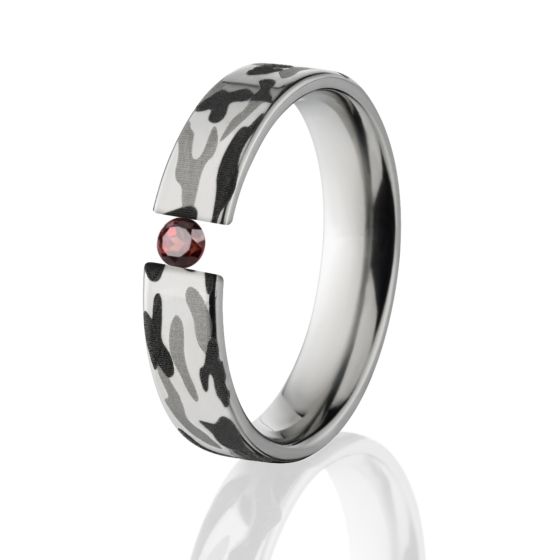 Titanium Camo Ring, Garnet, Tension Set Ring