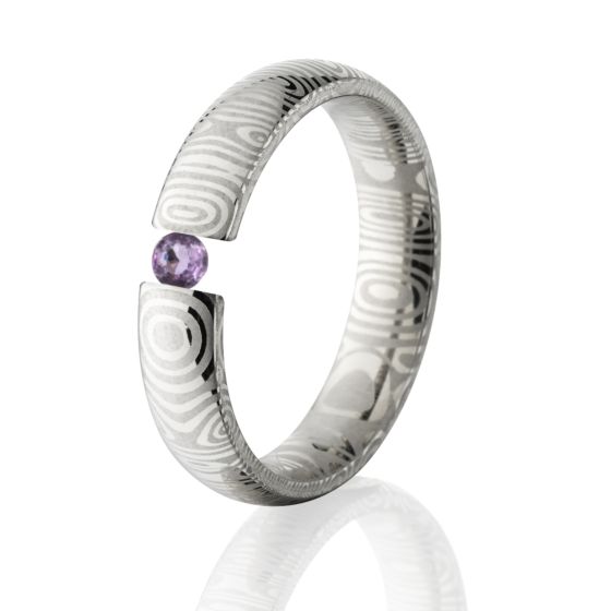 Amethyst, Damascus Steel, Tension Set Ring