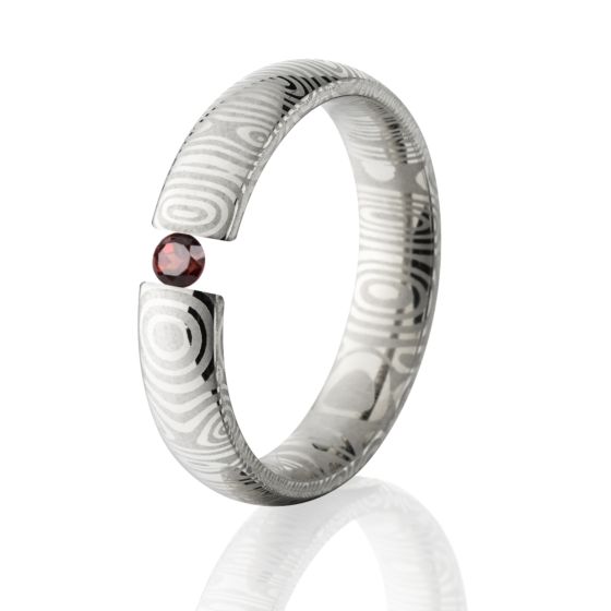 Garnet, Damascus Steel, Tension Set Ring