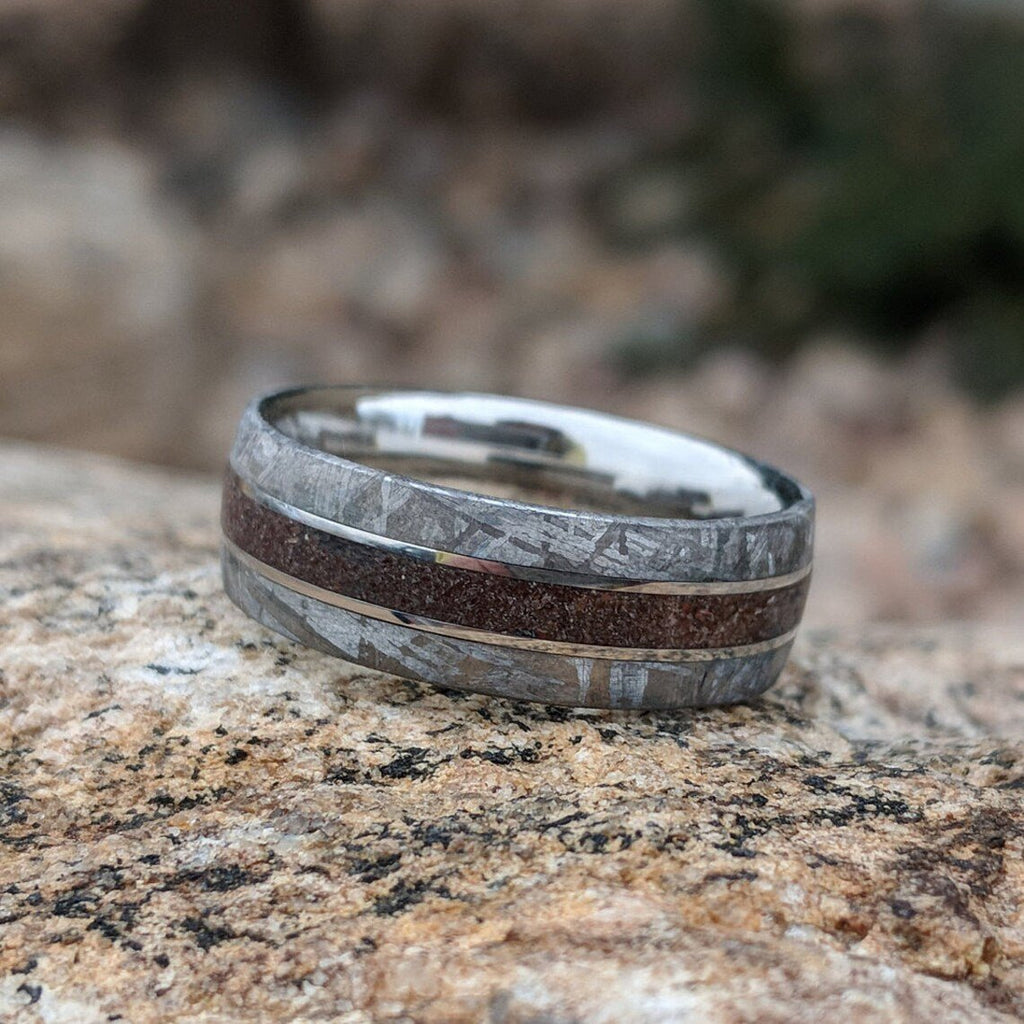 8mm Meteorite Mens Ring w/ Dinosaur Bone Center Inlay- Authentic Gibeon Meteorite Wedding Bands
