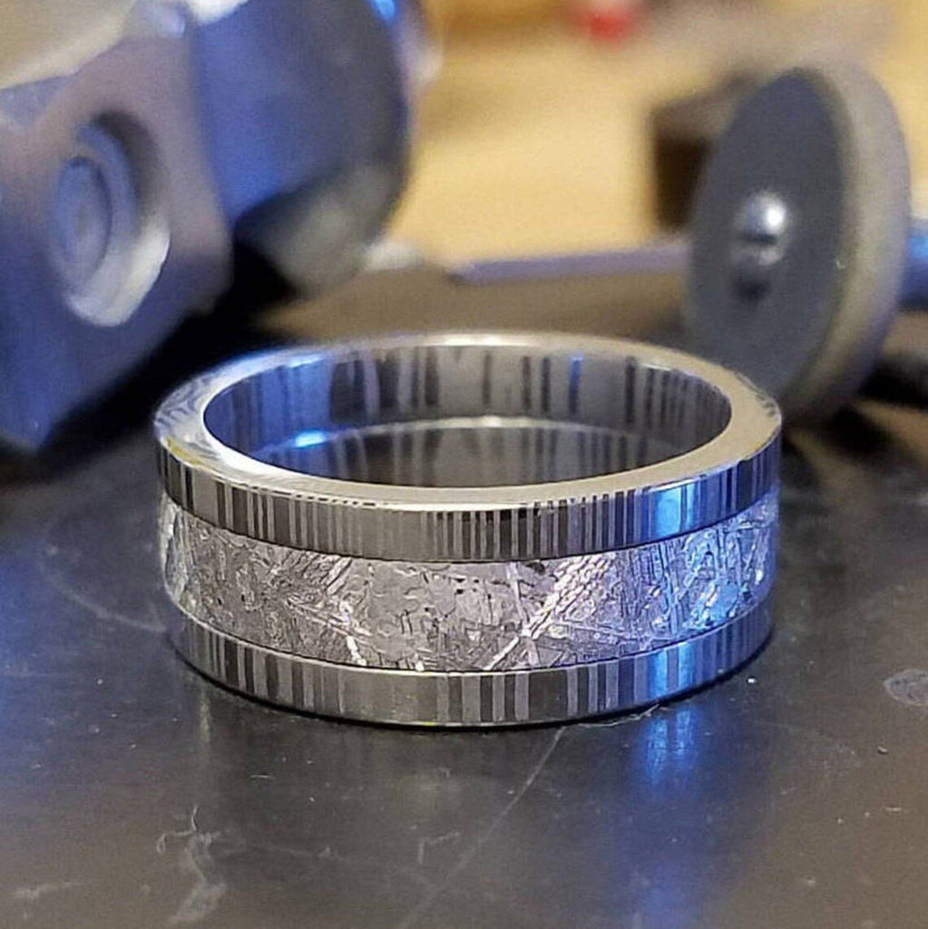 New 8mm Wide Gibeon Meteorite Ring with Comfort Fit Damascus Steel, Acid Etched Meteorite Rings