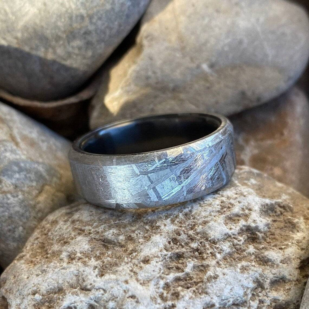 8mm Wide Authentic Meteorite Wedding Band with Black Titanium Sport Sleeve -Genuine Gibeon Meteorite Rings