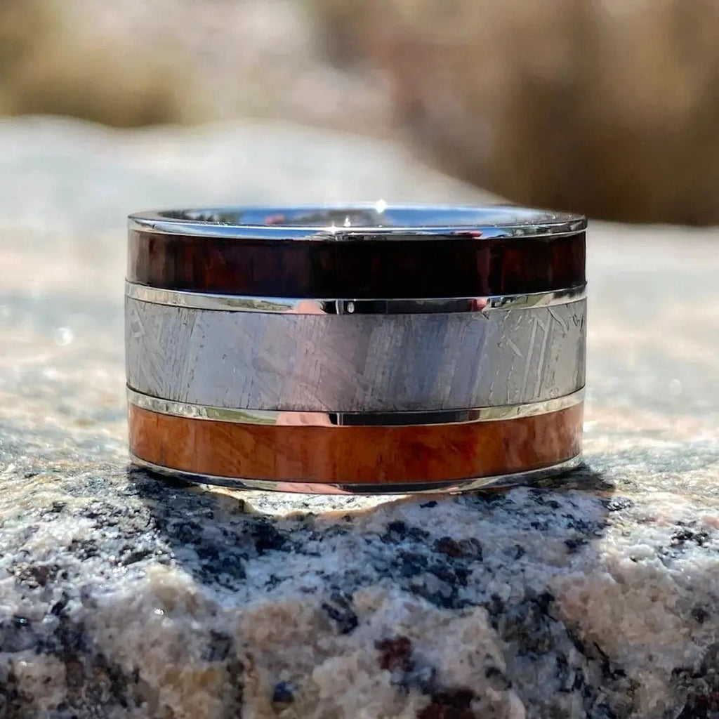 12mm Wide Gibeon Meteorite Ring with Orange Box Elder Burl and Arizona Ironwood Mens Rings