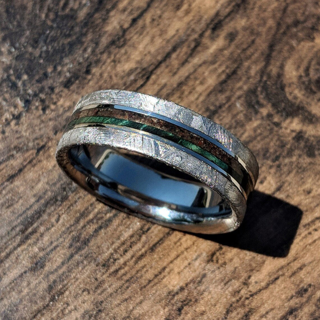 8mm Dinosaur Bone and Gibeon Meteorite Ring, Box Elder Burl Pinstripe, Custom Made Meteorite Wedding Band