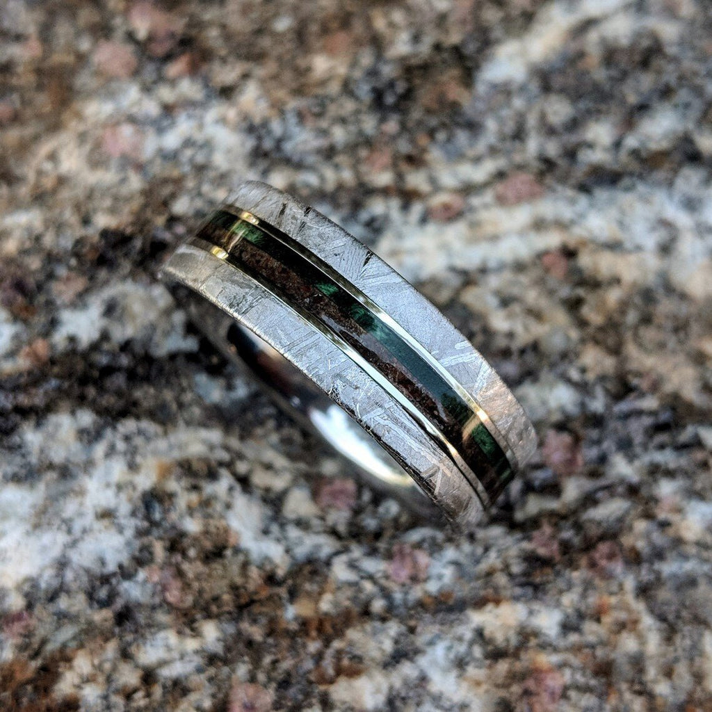 8mm Dinosaur Bone and Gibeon Meteorite Ring, Box Elder Burl Pinstripe, Custom Made Meteorite Wedding Band