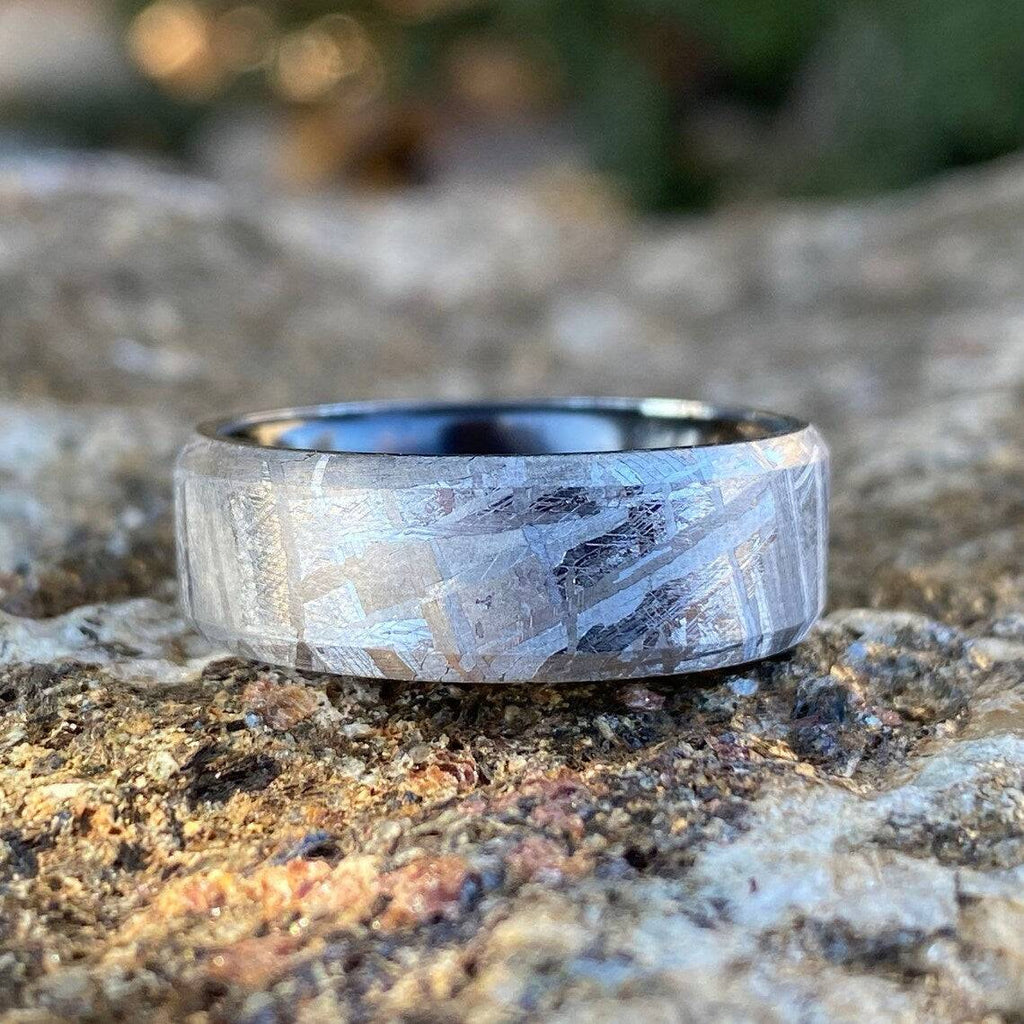 8mm Wide Authentic Meteorite Wedding Band with Black Titanium Sport Sleeve -Genuine Gibeon Meteorite Rings