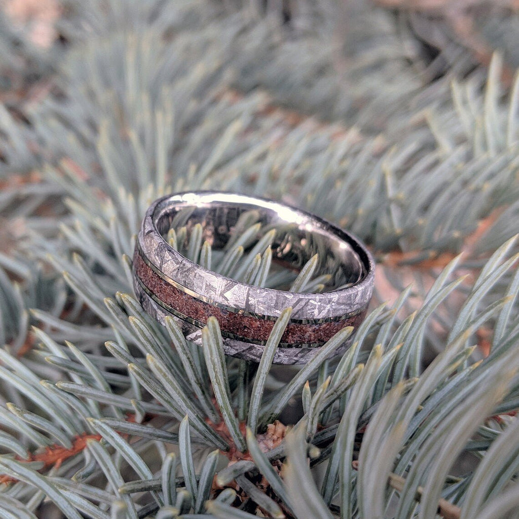 8mm Meteorite Mens Ring w/ Dinosaur Bone Center Inlay- Authentic Gibeon Meteorite Wedding Bands