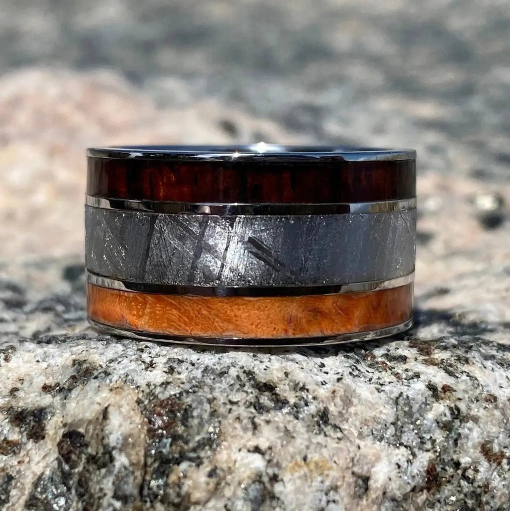 12mm Wide Gibeon Meteorite Ring with Orange Box Elder Burl and Arizona Ironwood Mens Rings