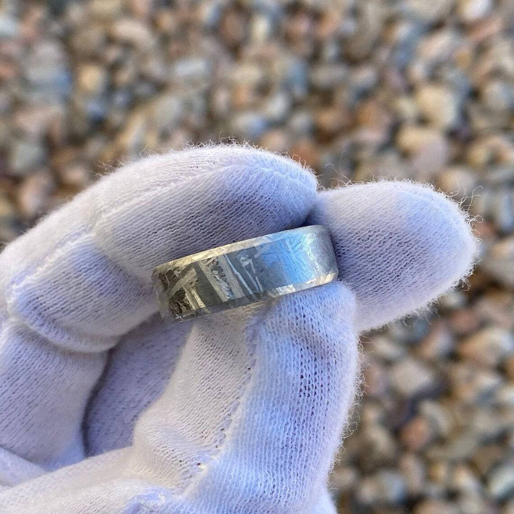 8mm Wide Authentic Meteorite Wedding Band with Black Titanium Sport Sleeve -Genuine Gibeon Meteorite Rings