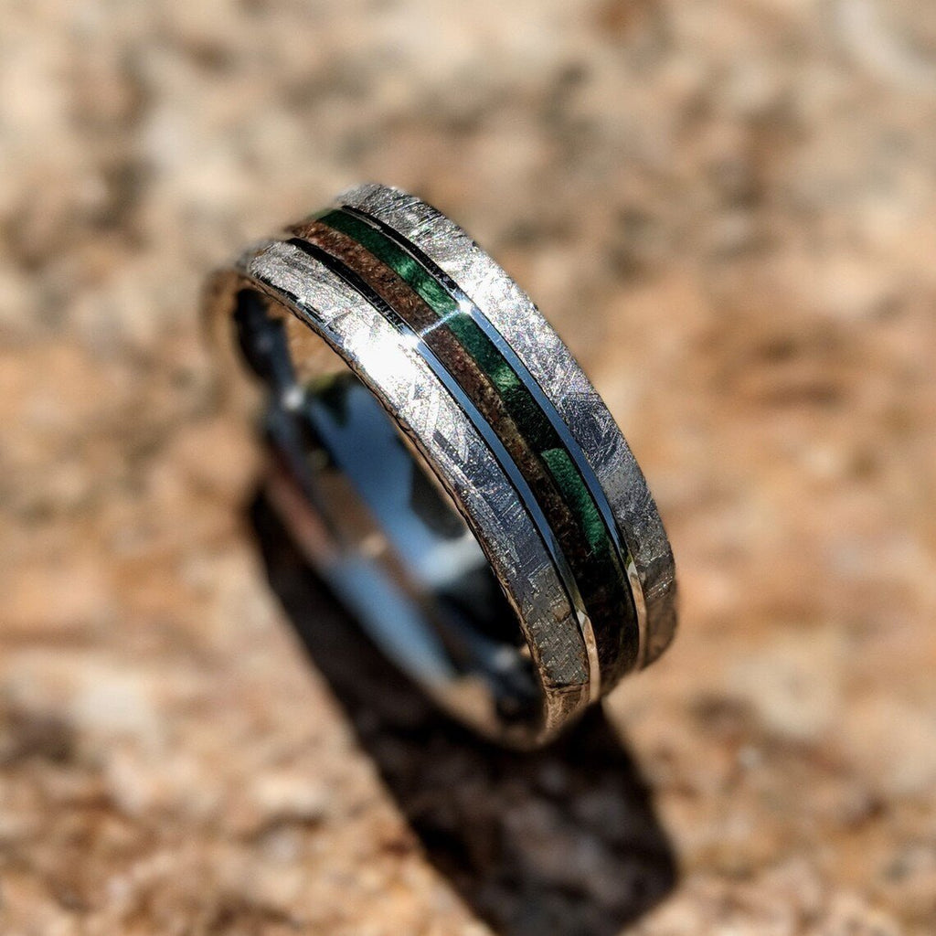 8mm Dinosaur Bone and Gibeon Meteorite Ring, Box Elder Burl Pinstripe, Custom Made Meteorite Wedding Band