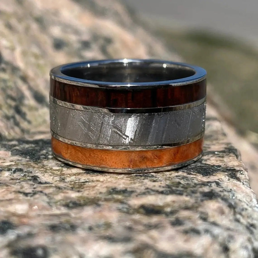 12mm Wide Gibeon Meteorite Ring with Orange Box Elder Burl and Arizona Ironwood Mens Rings