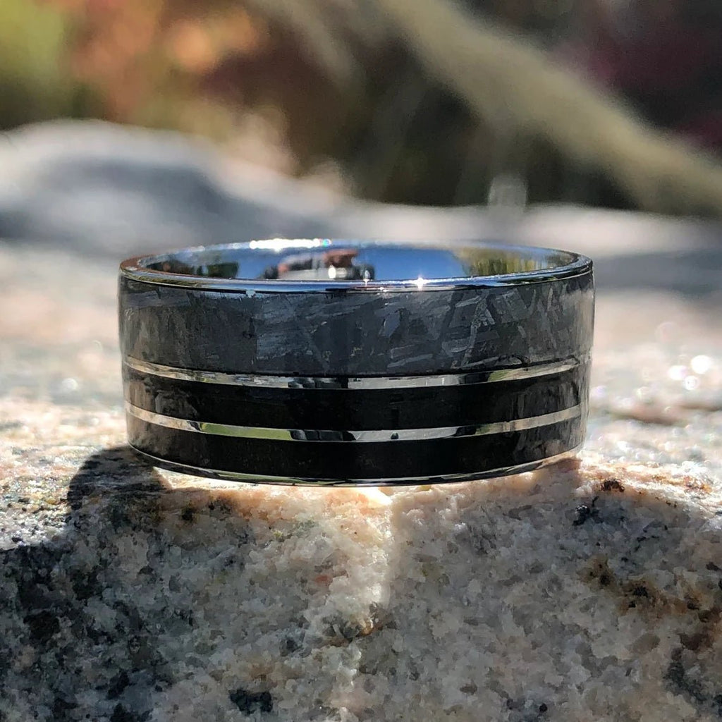 Gibeon Meteorite Wedding Band with Cobalt Chrome Sleeve - 10mm Authentic Double T-Rex Fossil Inlay