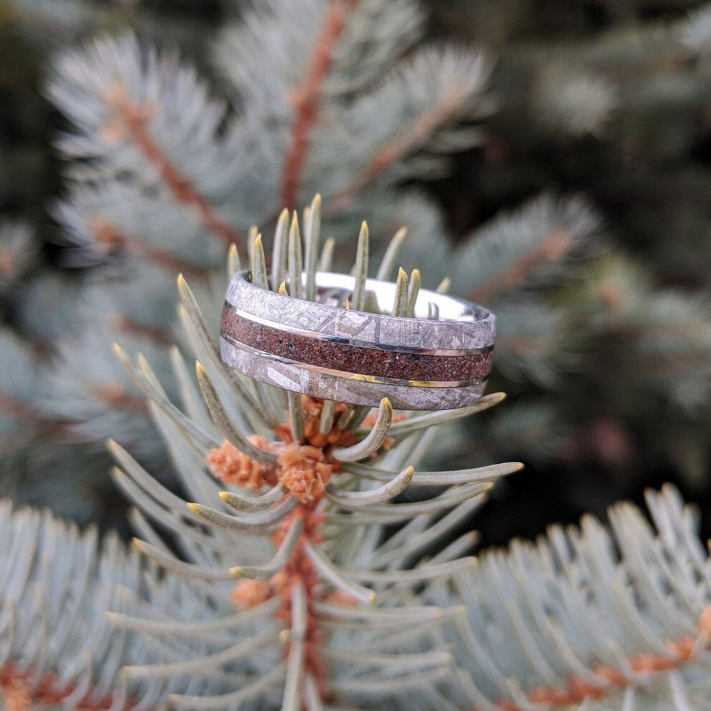 8mm Meteorite Mens Ring w/ Dinosaur Bone Center Inlay- Authentic Gibeon Meteorite Wedding Bands