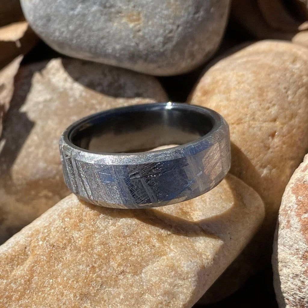 8mm Wide Authentic Meteorite Wedding Band with Black Titanium Sport Sleeve -Genuine Gibeon Meteorite Rings