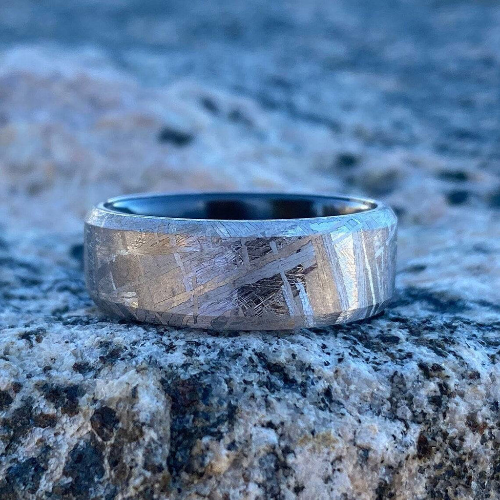 8mm Wide Authentic Meteorite Wedding Band with Black Titanium Sport Sleeve -Genuine Gibeon Meteorite Rings