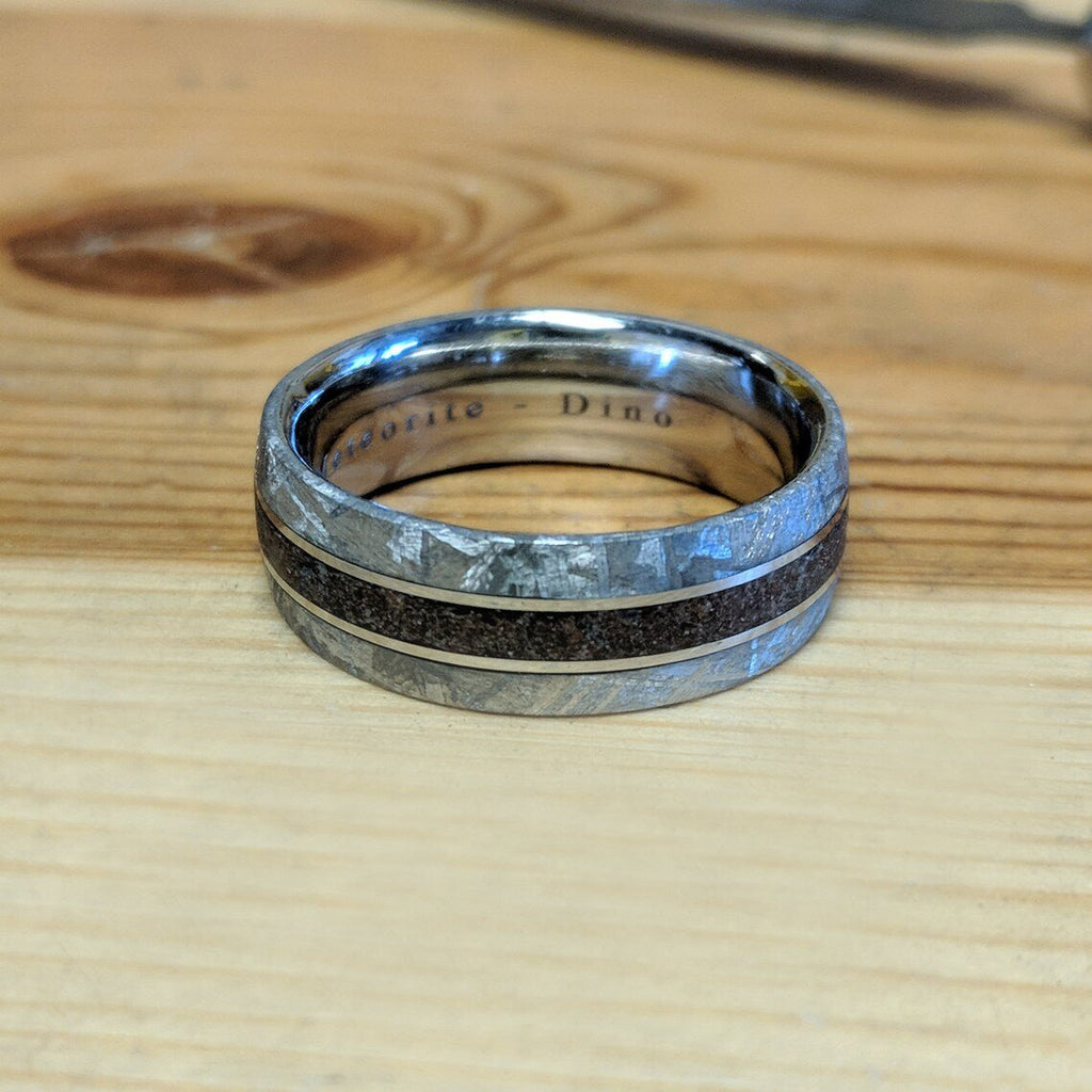 8mm Meteorite Mens Ring w/ Dinosaur Bone Center Inlay- Authentic Gibeon Meteorite Wedding Bands