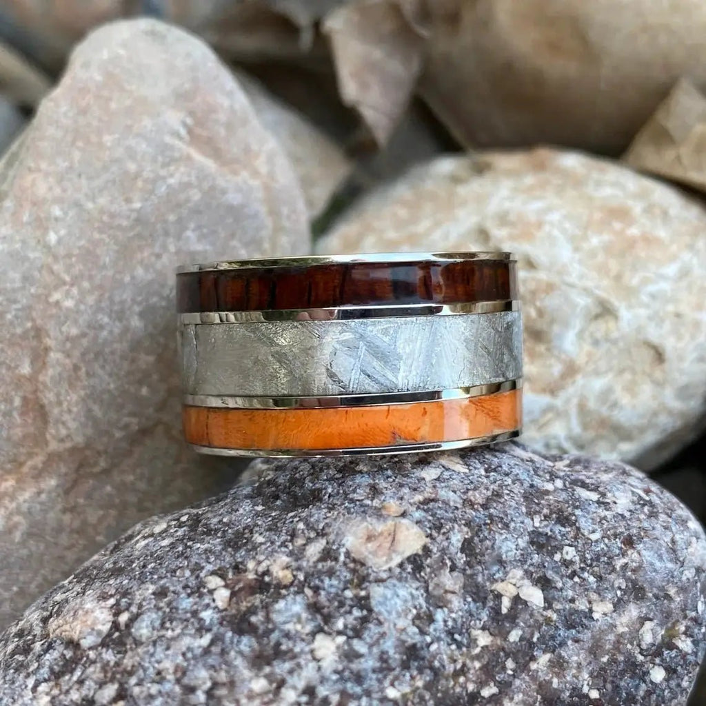 12mm Wide Gibeon Meteorite Ring with Orange Box Elder Burl and Arizona Ironwood Mens Rings