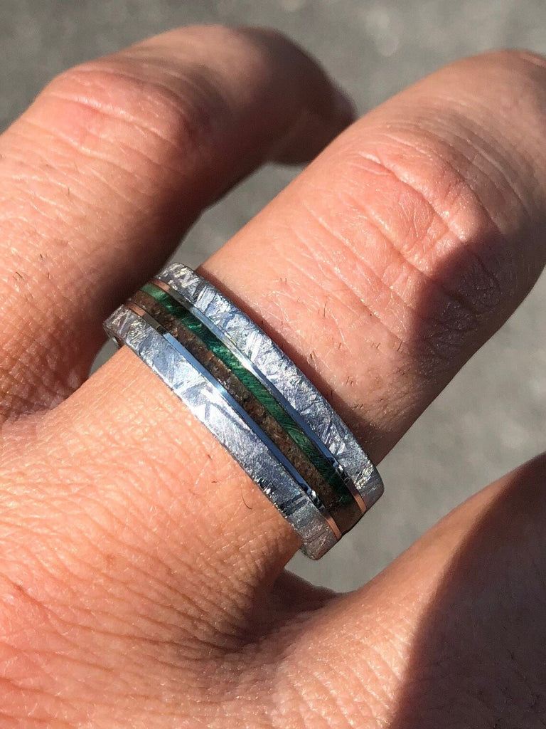 8mm Dinosaur Bone and Gibeon Meteorite Ring, Box Elder Burl Pinstripe, Custom Made Meteorite Wedding Band