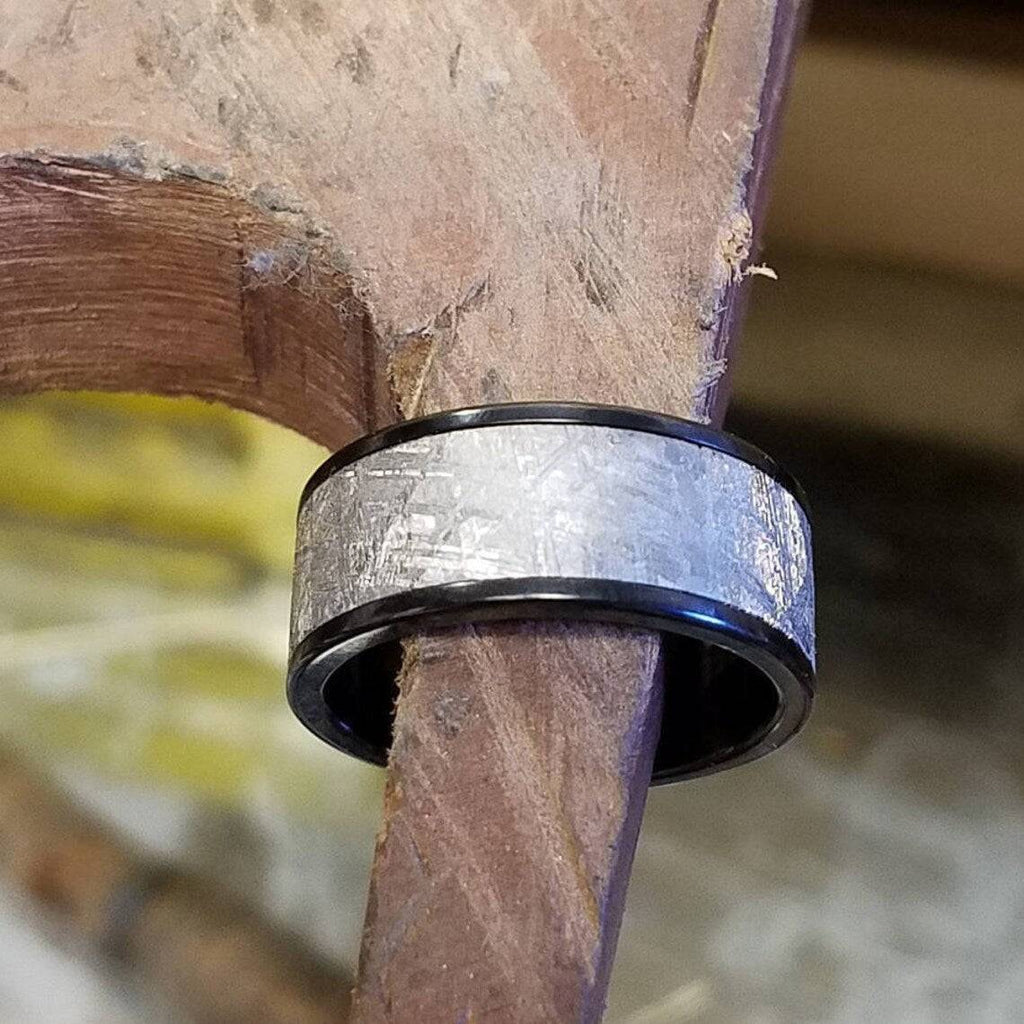 10mm Wide Gibeon Meteorite Ring with Black Titanium and Comfort Fit Design