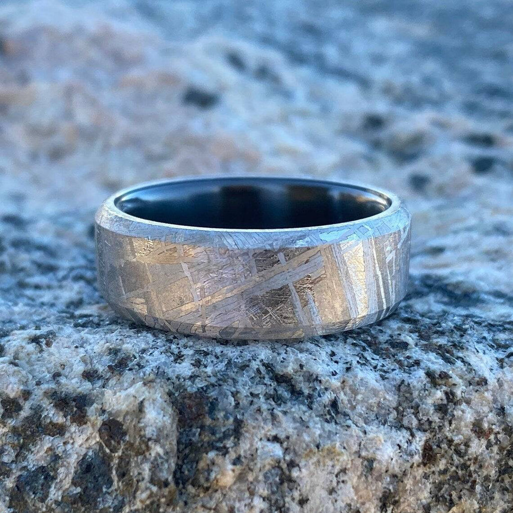 8mm Wide Authentic Meteorite Wedding Band with Black Titanium Sport Sleeve -Genuine Gibeon Meteorite Rings