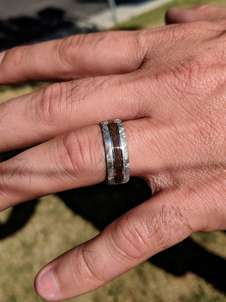 8mm Meteorite Mens Ring w/ Dinosaur Bone Center Inlay- Authentic Gibeon Meteorite Wedding Bands