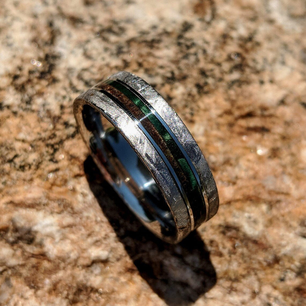 8mm Dinosaur Bone and Gibeon Meteorite Ring, Box Elder Burl Pinstripe, Custom Made Meteorite Wedding Band
