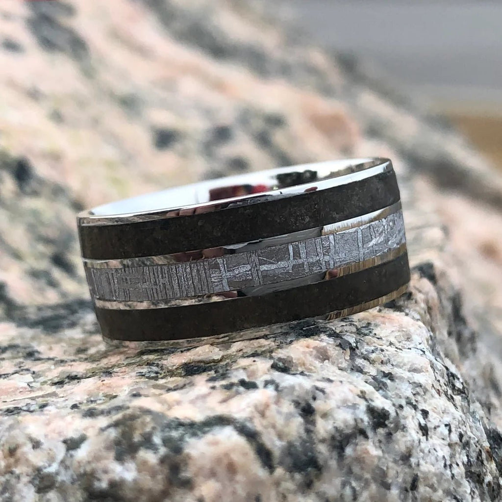 Authentic Tyrannosaurus & Meteorite Ring Dinosaur Bone Groom's Wedding Band