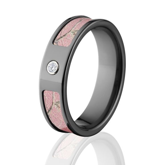 Realtree AP PInk Camo Rings, Camouflage Wedding Bands, AP PInk Black Zirconium Camo ring w/ Diamond