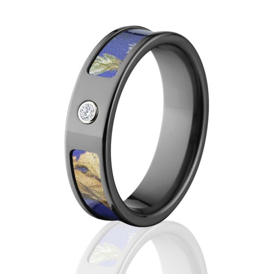 Realtree AP Purple Camo Rings, Camouflage Wedding Bands, AP Purple Black Zirconium Camo ring w/ Diam