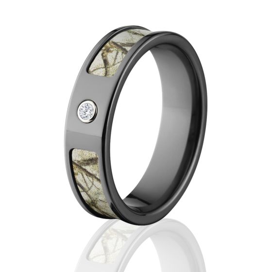 Realtree AP Snow Camo Rings, Camouflage Wedding Bands, AP Snow Black Zirconium Camo ring w/ Diamond