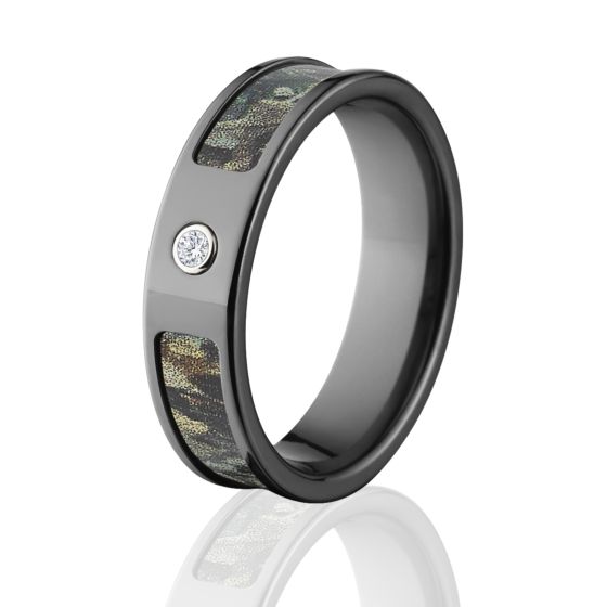 Black Zirconium Timber Camo Rings, Diamond Camouflage Wedding Band