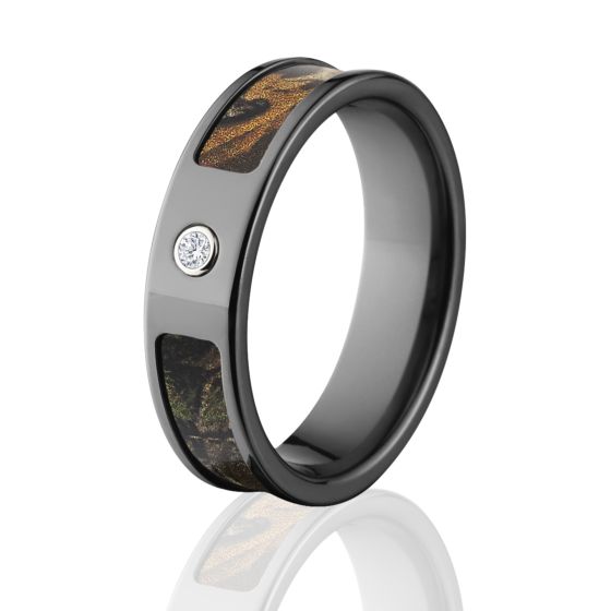 Realtree Xtra Camo Rings, Camouflage Wedding Bands, Xtra Black Zirconium Camo ring w/ Diamond and Co