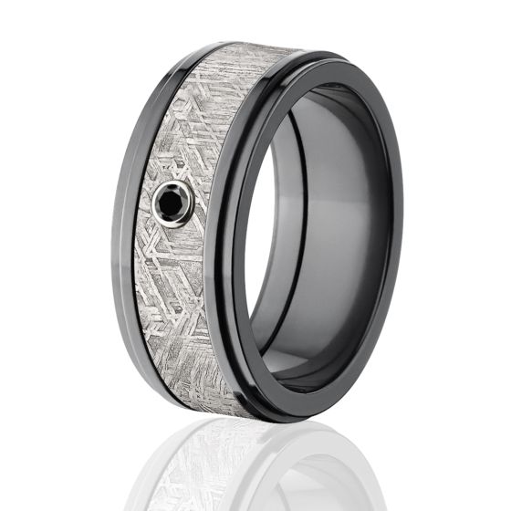 9mm Black Meteorite Wedding Rings, Black Zirconium, Black Diamond