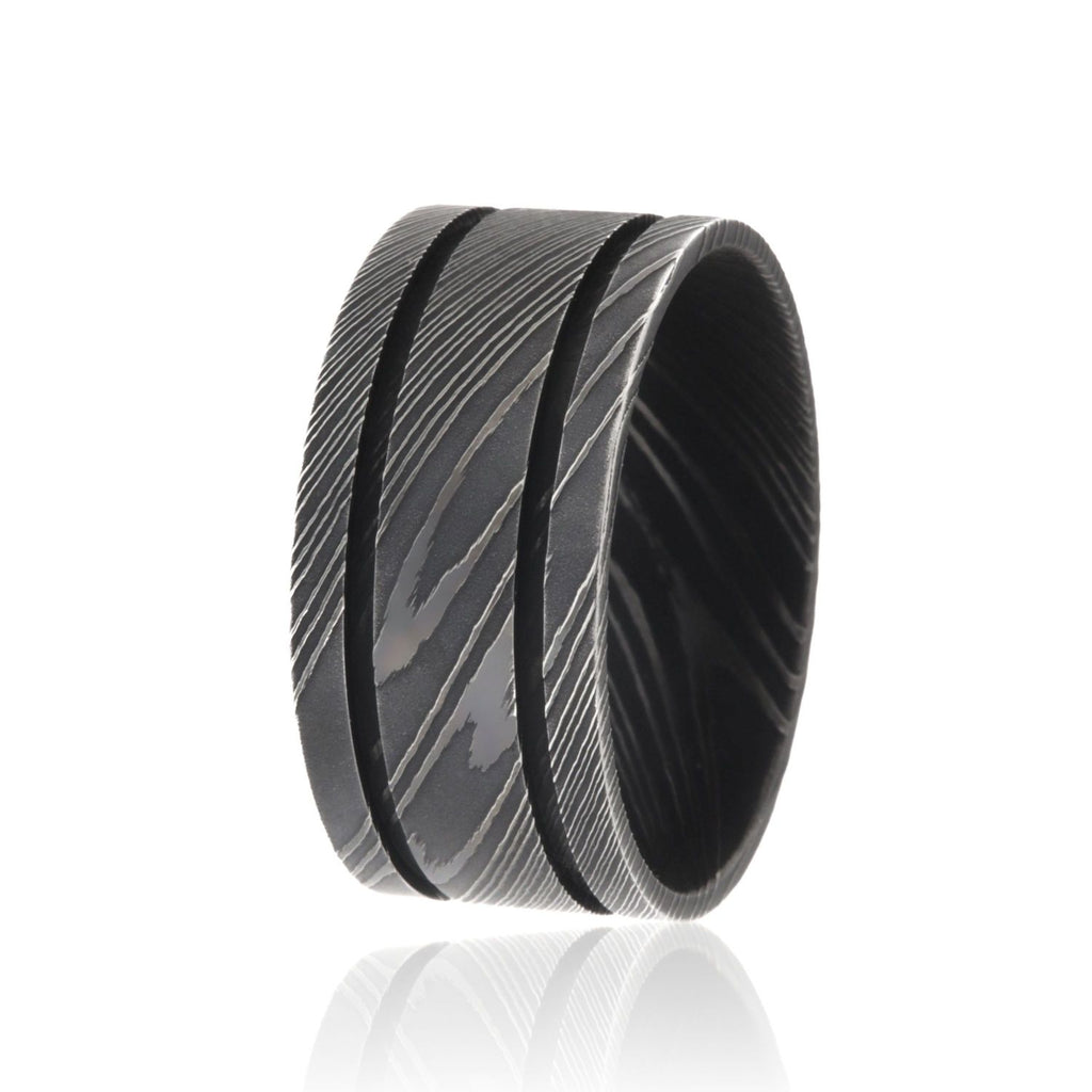 11mm Wide Damascus Steel Rings For Men USA Made Damascus Bands Black Wedding Bands
