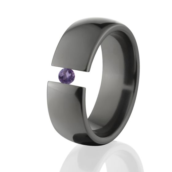 8mm Black Zirconium Ring, Tension Set Ring, Alexandrite