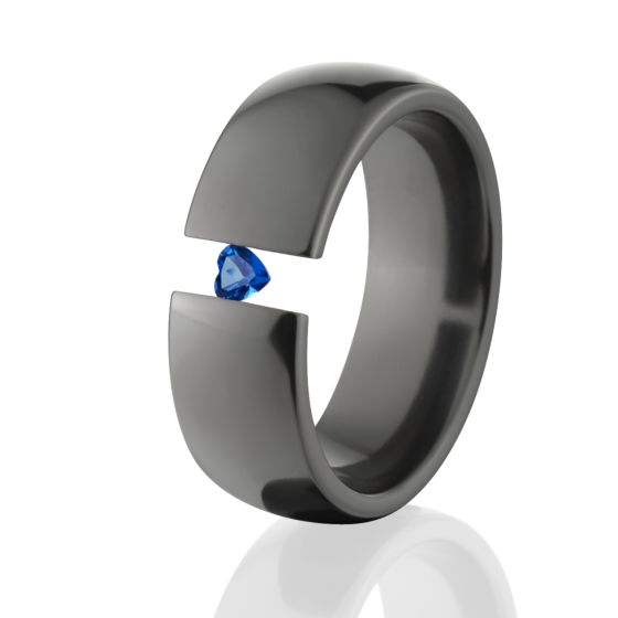 8mm Black Tension Set Ring, Heart Shaped Stone