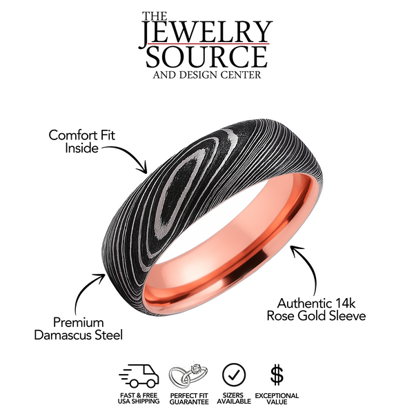 Now on Amazon: Damascus Steel Wedding Band with 14k Rose Gold Sleeve