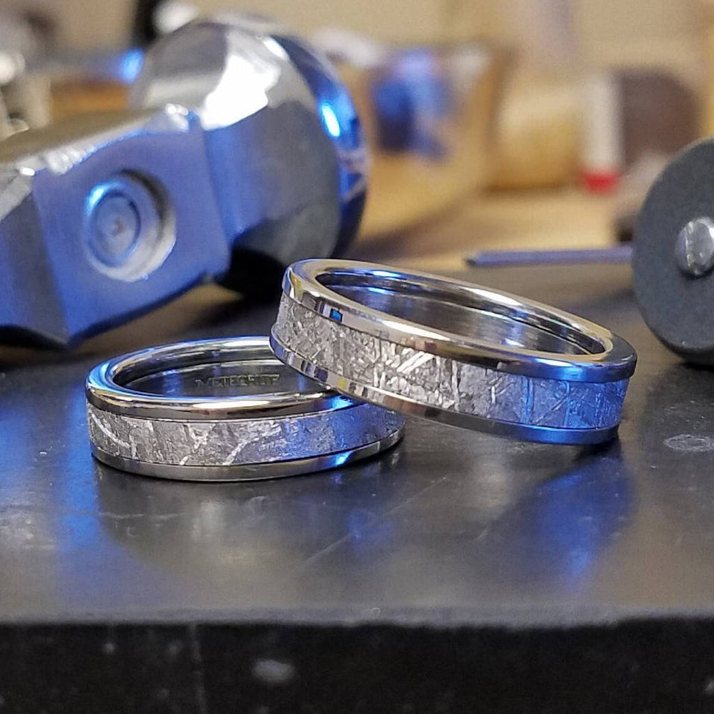 Meteorite Ring Set with Gibeon Meteorite and Cobalt - Gibeon Wedding Band Set with Cobalt Chrome Sleeve