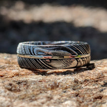 7mm Wide Damascus Steel Ring with 14k Solid White Gold Inlay