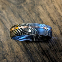 6mm Wide Damascus Steel Ring with 14k Rose Gold Inlay
