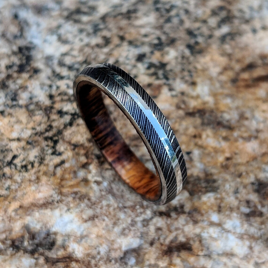 4mm 14k White Gold Damascus Steel Ring with Arizona Ironwood Sleeve