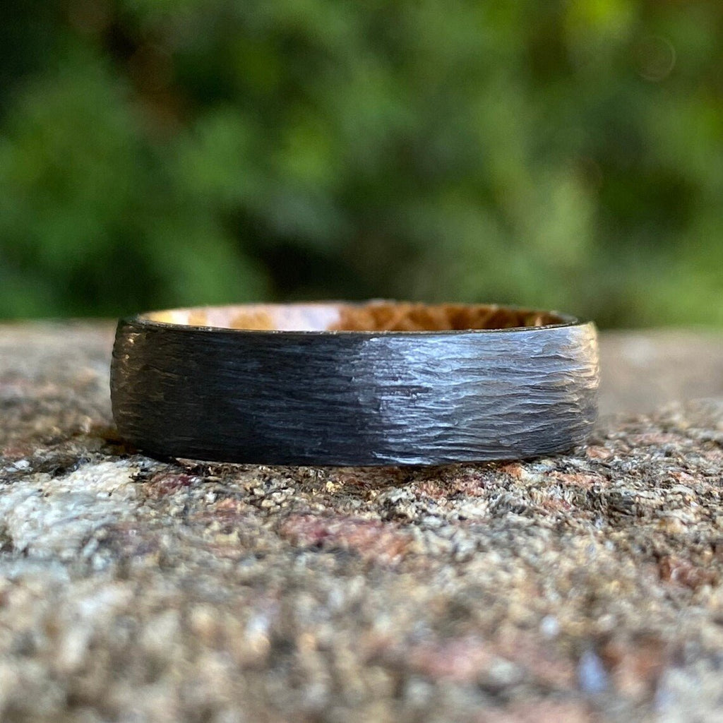 Mens Wedding Bands Whiskey Rings - Handmade Custom Whiskey Barrel Core Black Rings