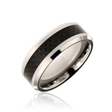 8mm Heavy Tungsten Carbide Men's Ring With Black Carbon Fiber Inlay, High Polish and Beveled Edge - FREE Personalization