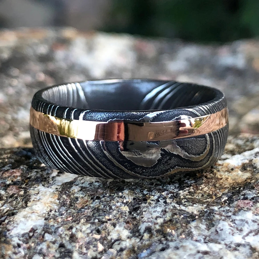 New 8mm Wide Damascus Steel Ring with 14k Solid Rose Gold Inlay